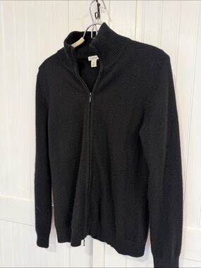 L.L. Bean 100% cashmere, Black Full-Zip Rib Collar Sweater size M